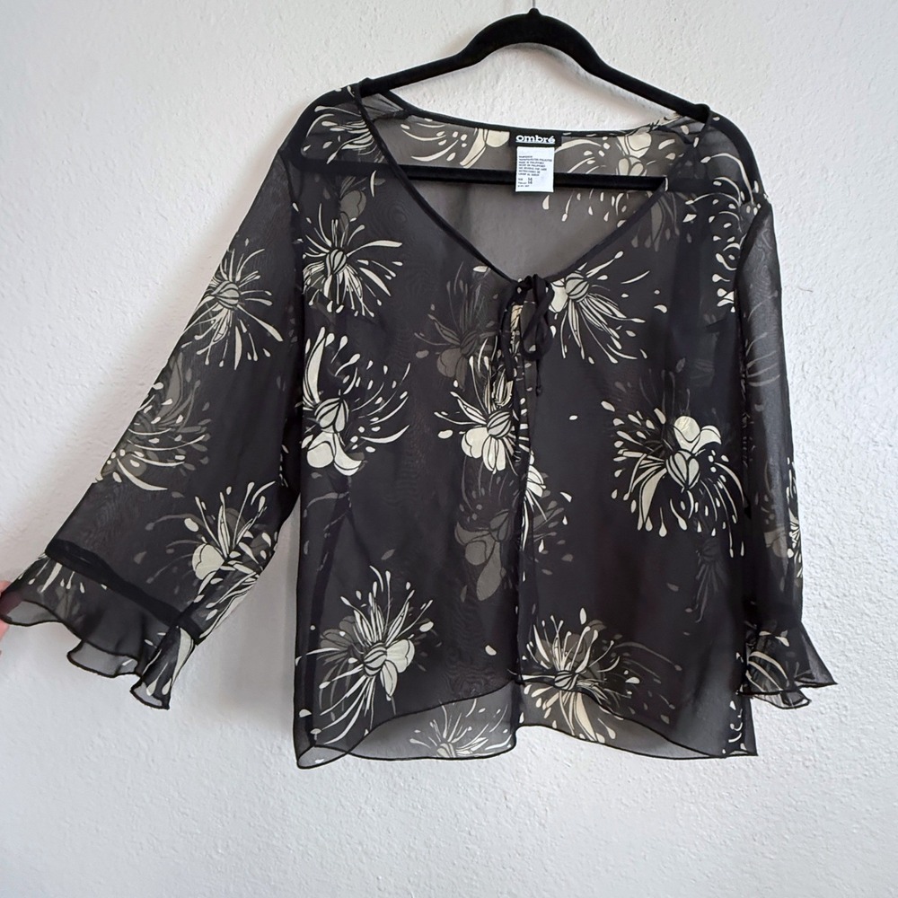 Y2K Whimsigoth Black Floral Sheer Tie Front Ruffle Sleeve Blouse Womens 14 L/XL - Picture 1 of 7